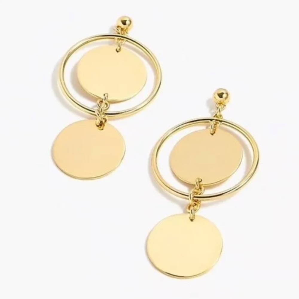 J. Crew Gold Double Disc Circle Round Drop Dangle Statement Earrings w/ Dust Bag